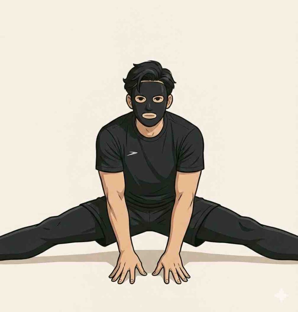 開脚ストレッチをするブラック太郎