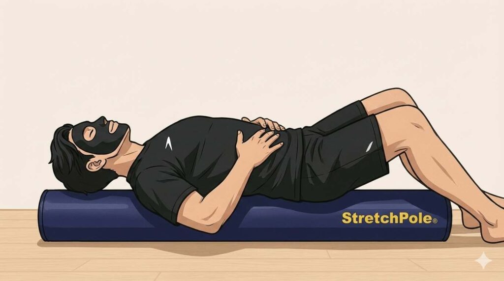 いい姿勢でストレッチポールを行うブラック太郎