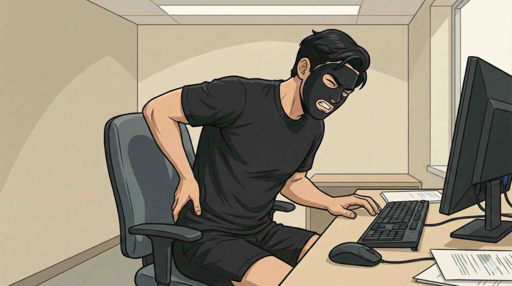 デスクワークで腰痛になるブラック太郎