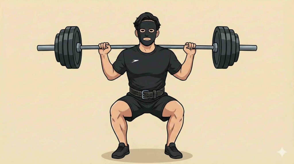 トレーニングベルトをしてスクワットをするブラック太郎