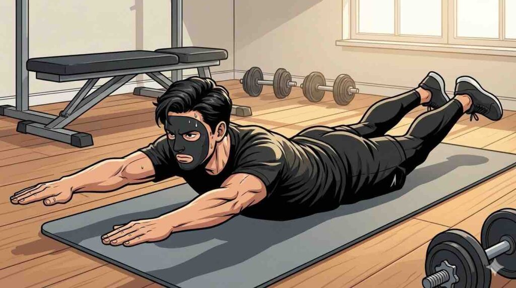 背筋の筋トレであるスーパーマンをするブラック太郎