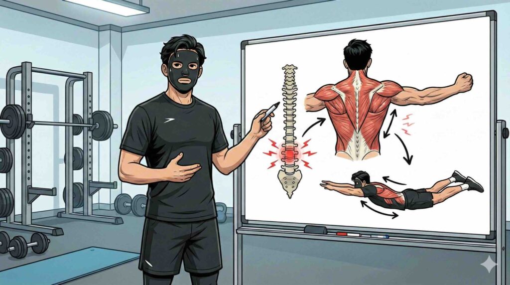 腰痛のメカニズムを説明するブラック太郎