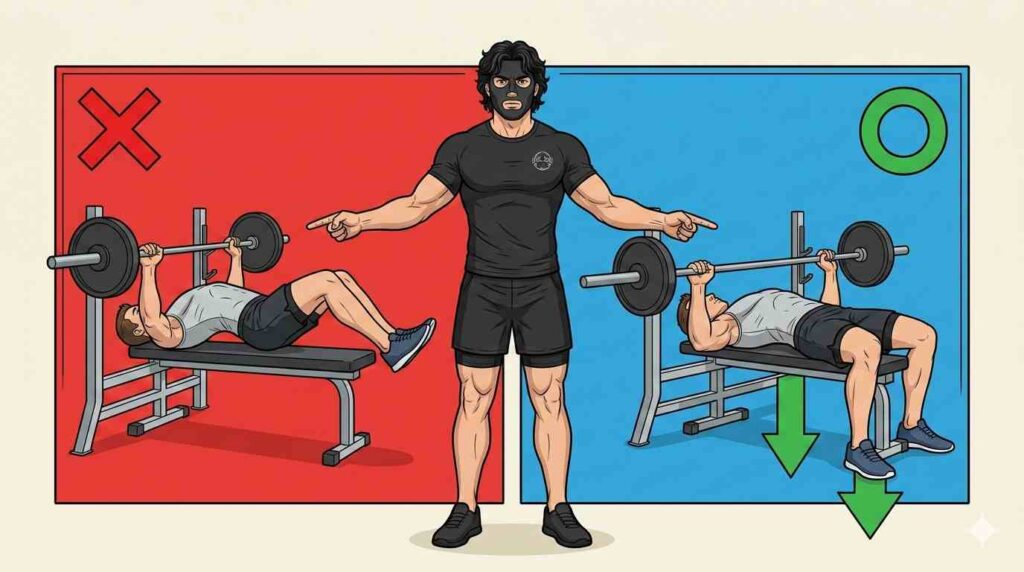 ベンチプレスの正しいフォームをチェックするブラック太郎