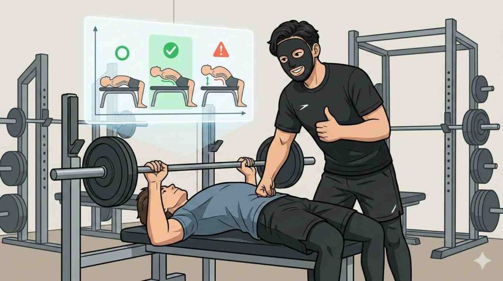 ベンチプレスをチェックするブラック太郎