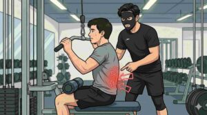 ラットプルダウンで腰痛の人に指導するブラック太郎