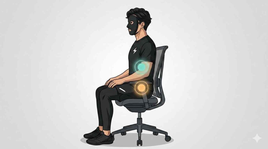 デスクワーク中に姿勢を整えるブラック太郎