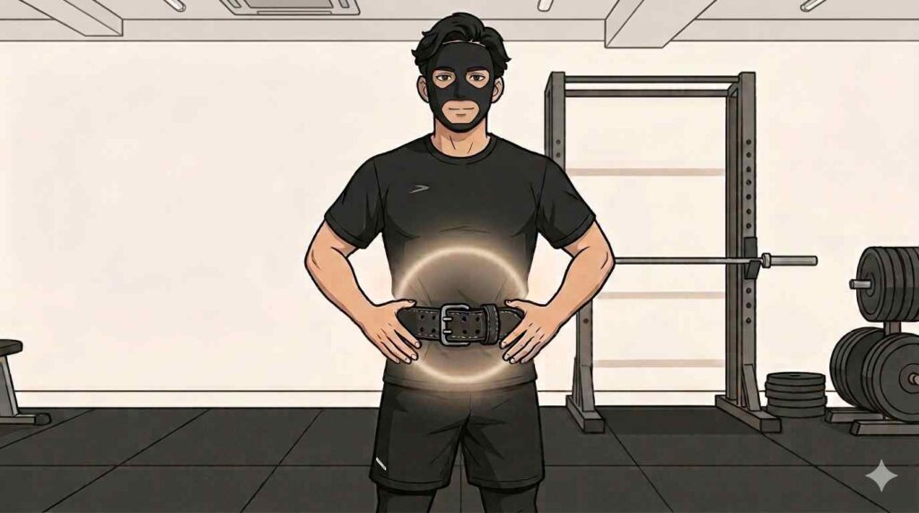 トレーニングベルトの正しい位置と腹圧を教えるブラック太郎