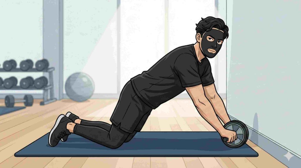 こっちを見ながら膝コロ（腹筋ローラー）をするブラック太郎