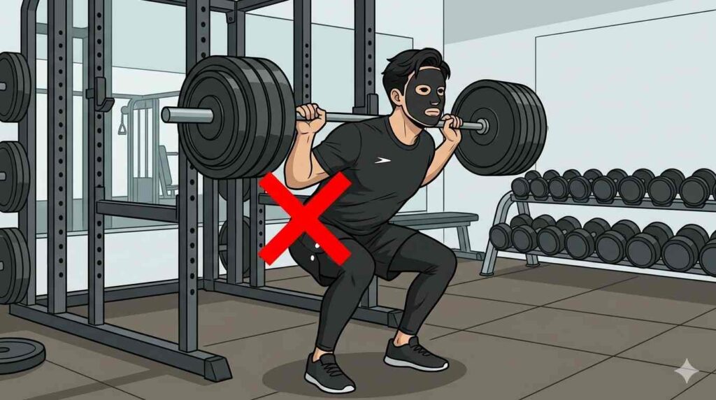 ジムで腰を悪化させやすい悪いフォームを示すブラック太郎