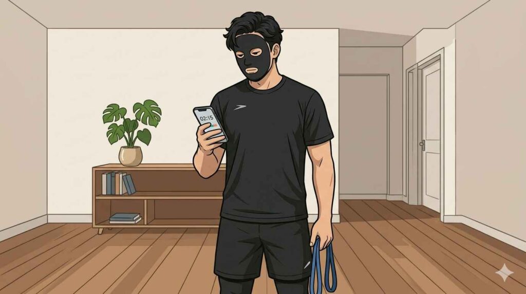 スマホとチューブをもつブラック太郎