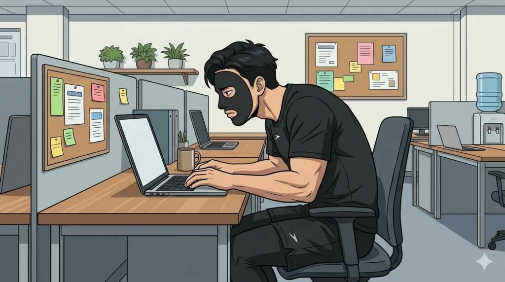 デスクワークで姿勢が悪くなり肩こりになるブラック太郎