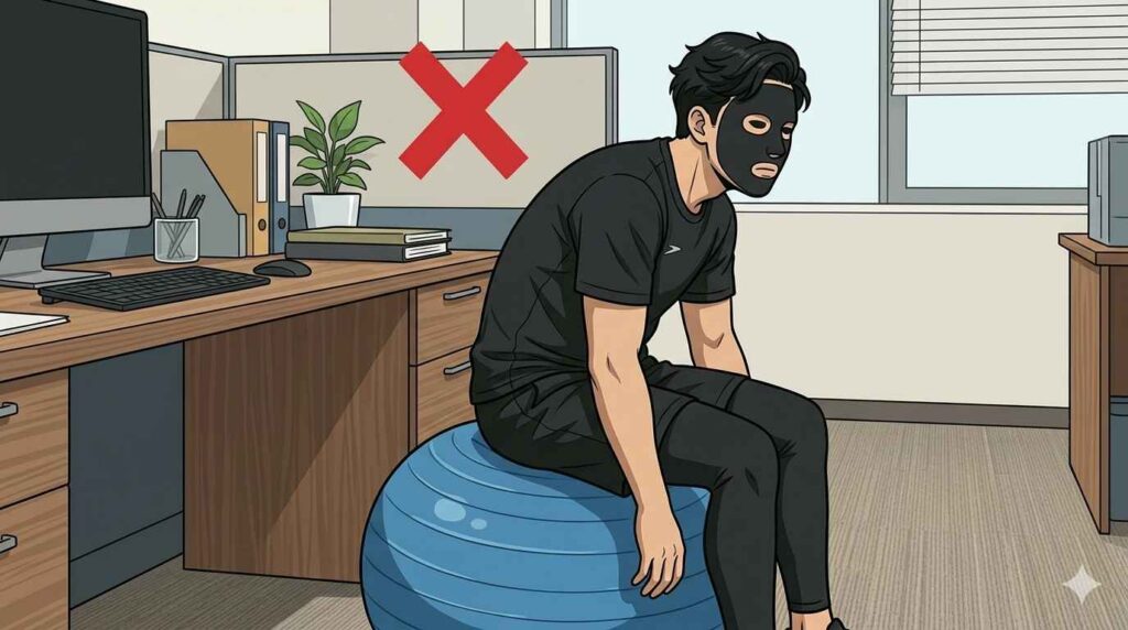 バランスボールの間違った使用方法を示すブラック太郎