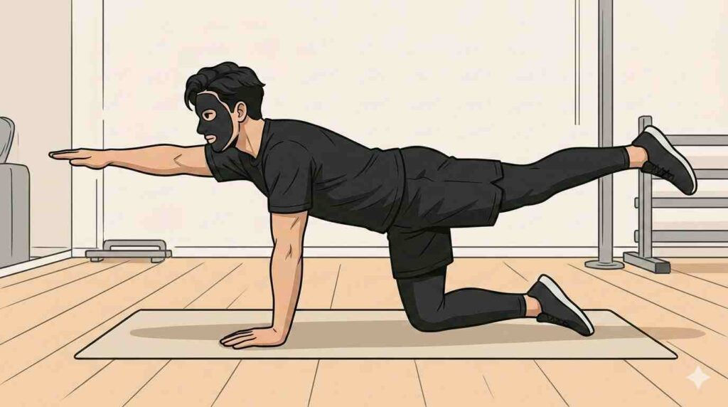 体幹トレーニング（バードドッグ）を行っているブラック太郎