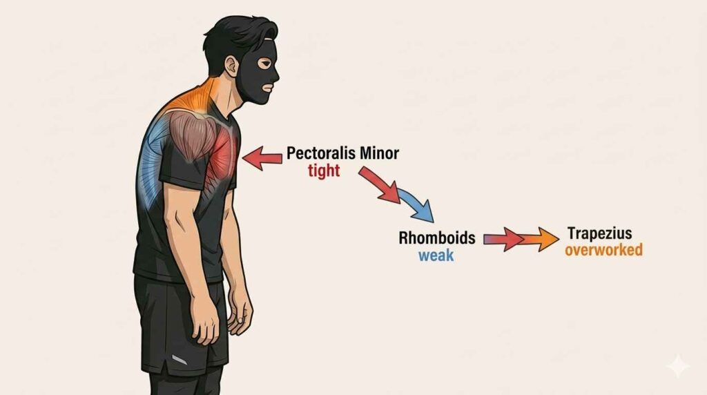 巻き肩と肩こりの関係を示すブラック太郎