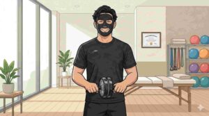 笑顔で腹筋ローラーを見せるブラック太郎