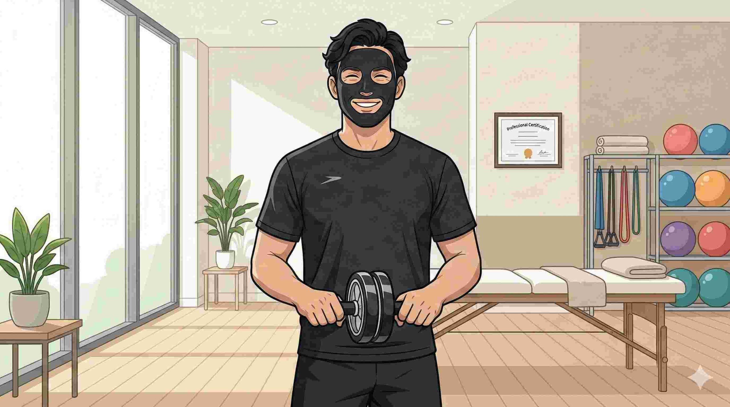 笑顔で腹筋ローラーを見せるブラック太郎