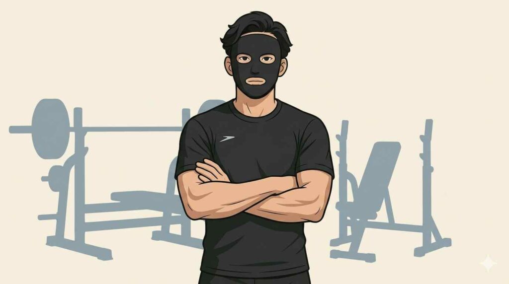 筋トレでこりが悪化した人を見つめるブラック太郎