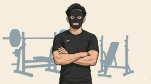 筋トレでこりが悪化した人を見つめるブラック太郎