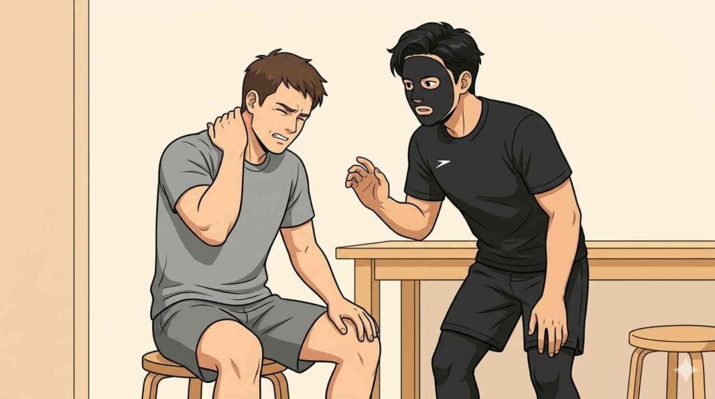 筋トレで肩こりが悪化しているときの体のサインを示すブラック太郎