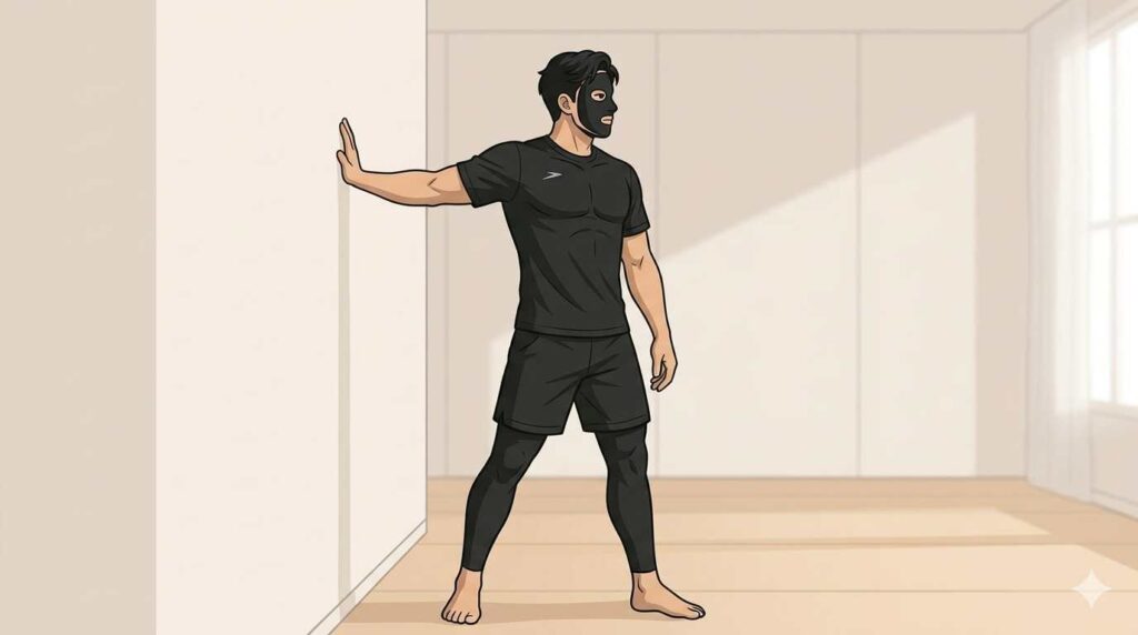 肩こりに関する大胸筋と三角筋前部をストレッチするブラック太郎