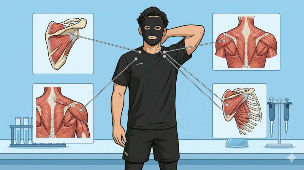 肩こりに関する筋肉を示すブラック太郎