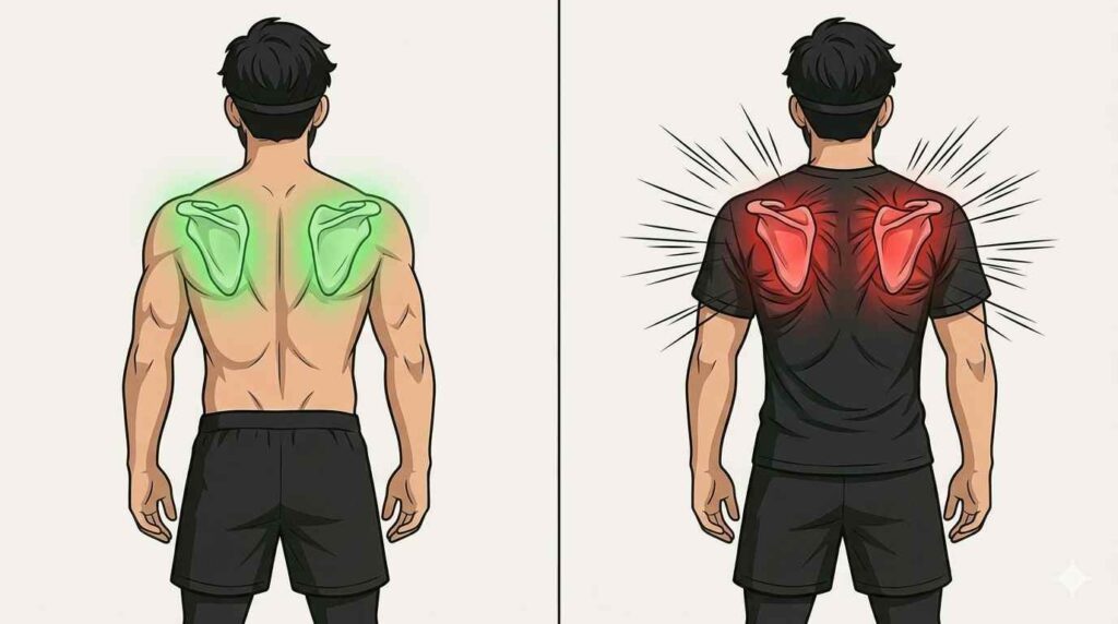 肩こりの原因になる肩甲骨を示すブラック太郎