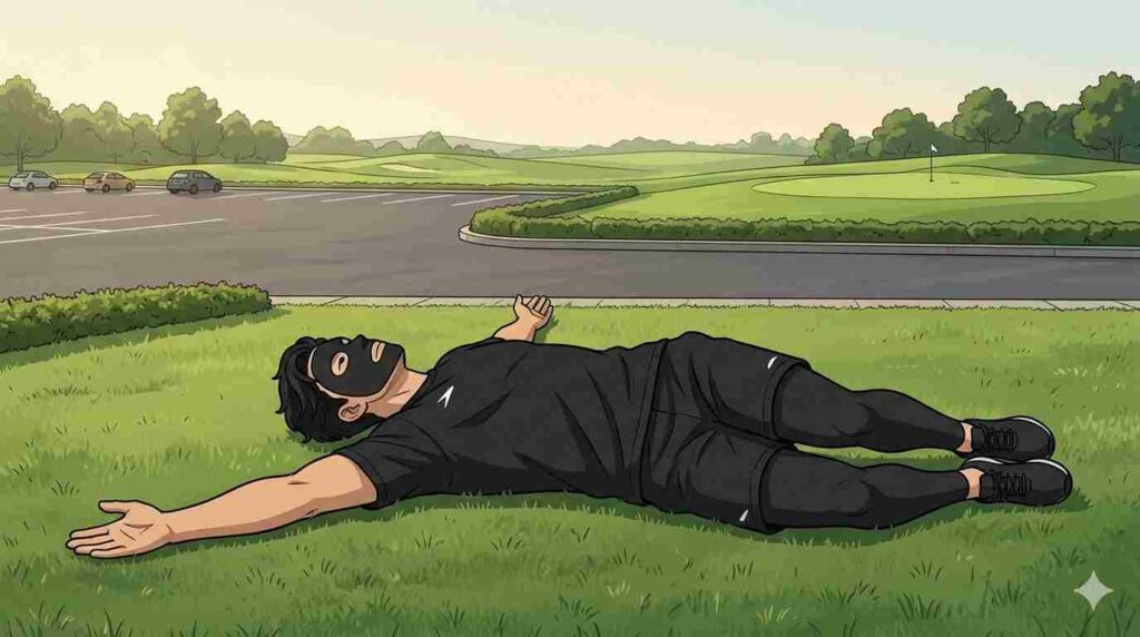 胸椎の回旋ストレッチをするブラック太郎