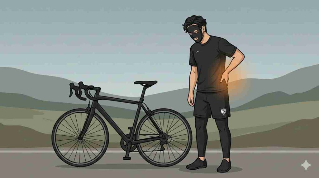 腰の痛みや違和感を感じて止まっているブラック太郎