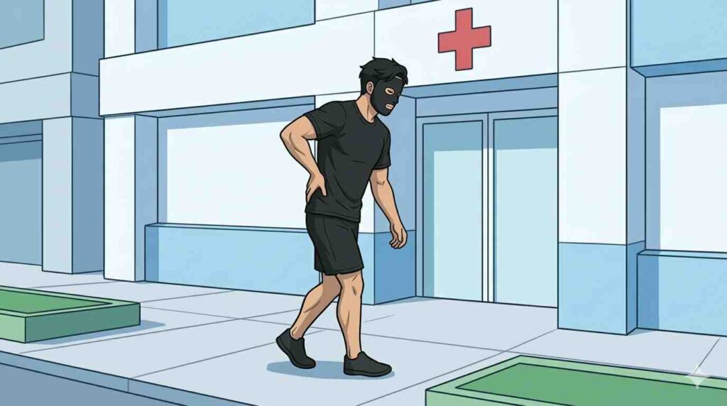 腰を痛めて病院に行くブラック太郎