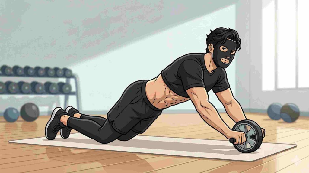 腹筋ローラーをするブラック太郎