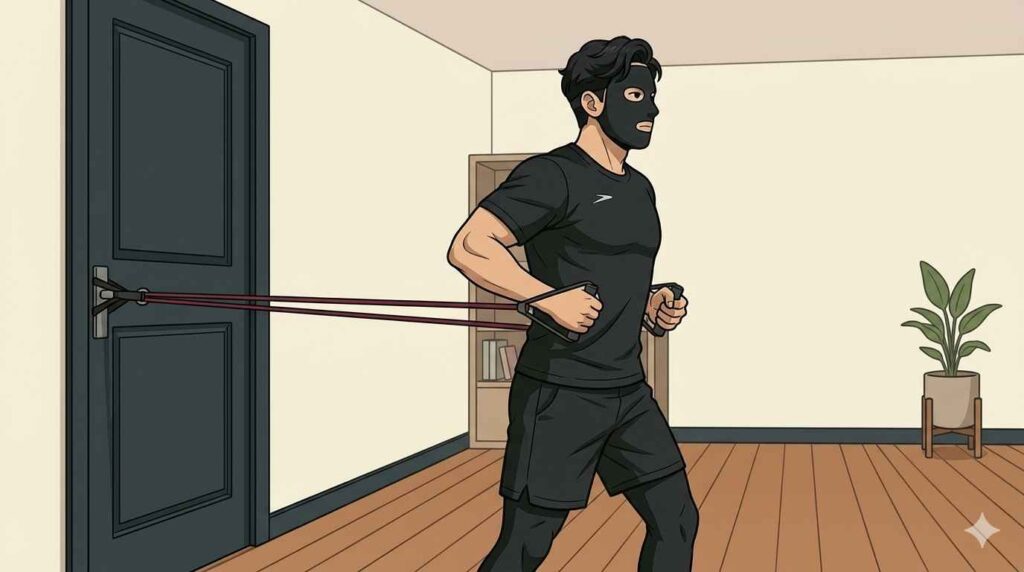 自宅でチューブトレーニングをするブラック太郎