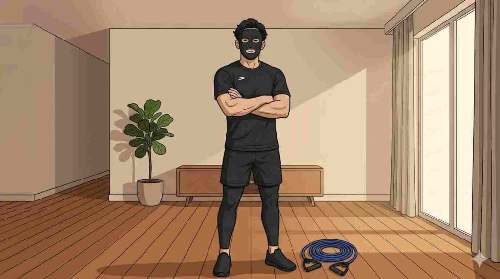 自宅でチューブトレーニングを終えるブラック太郎