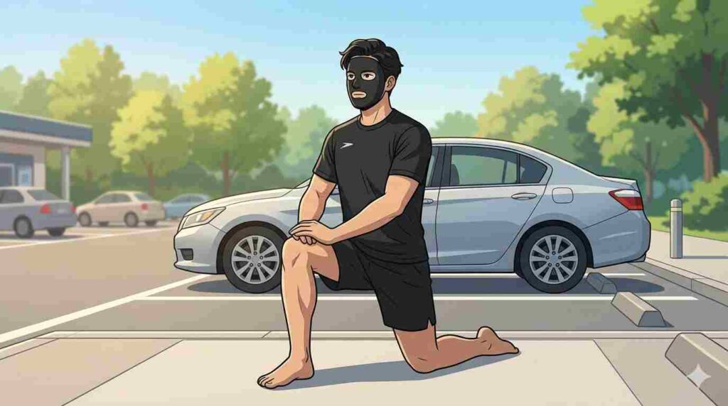 長距離の運転の合間にストレッチをするブラック太郎