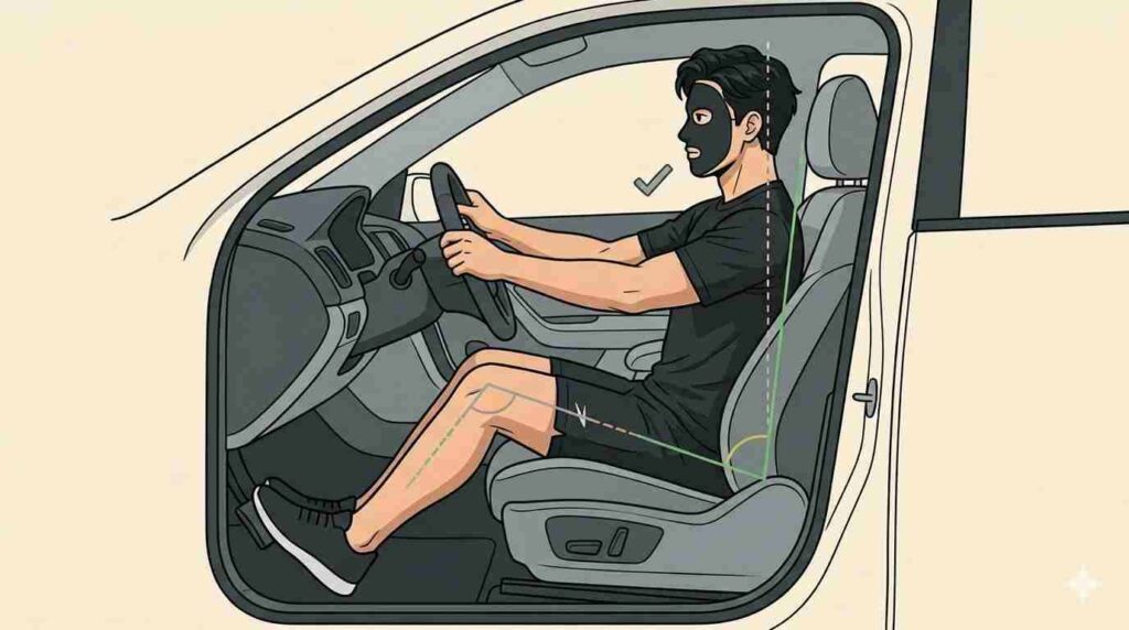 長距離の運転でシートポジションを整えるブラック太郎