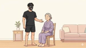 高齢者に指導するブラック太郎