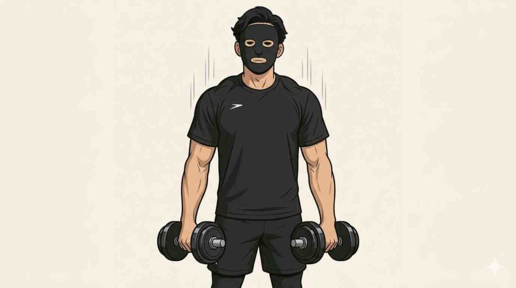 ダンベルシュラッグをするブラック太郎