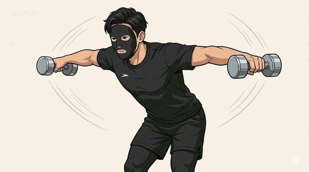 ダンベルリアレイズをするブラック太郎