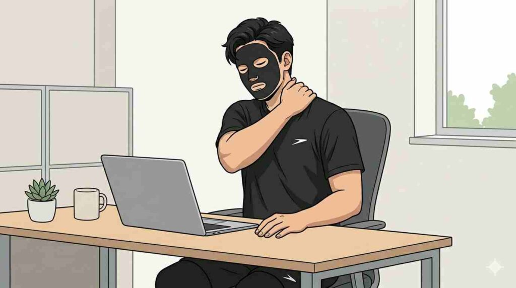 デスクワークで肩こりになっているブラック太郎