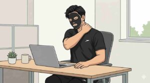 デスクワークで肩こりになっているブラック太郎