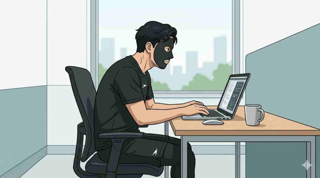 デスクワークで肩こりになる原因を示すブラック太郎