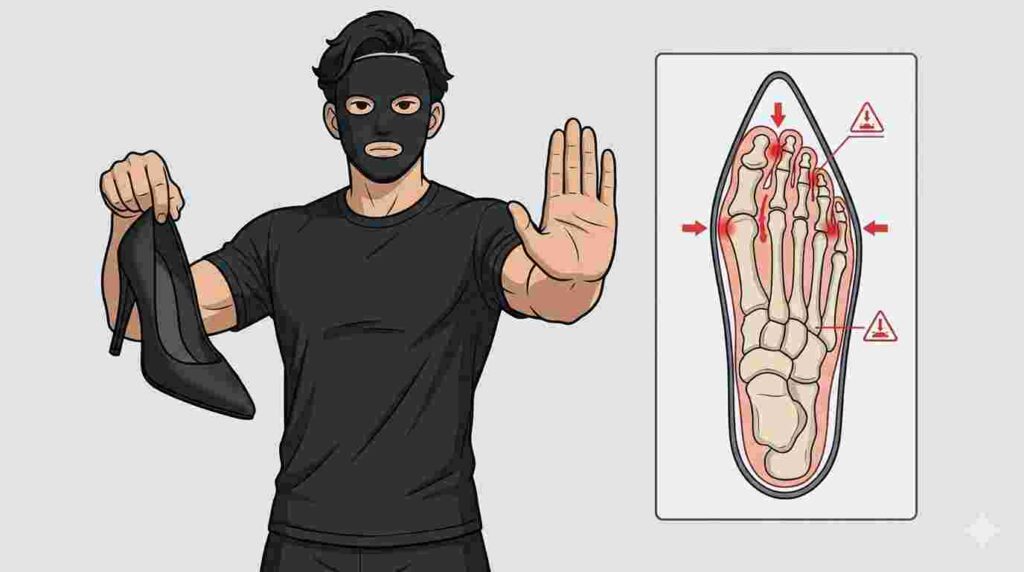 ハイヒール・先細り靴が親指を圧迫することを示すブラック太郎