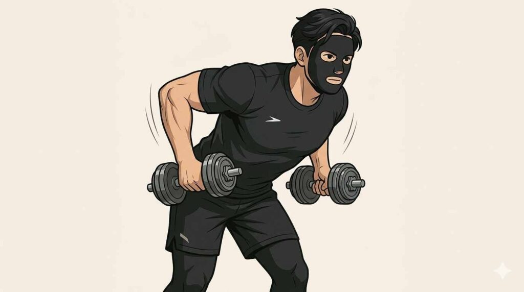 ベントオーバーダンベルロウをするブラック太郎