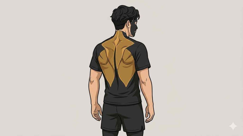 僧帽筋中部と下部、菱形筋などを示すブラック太郎