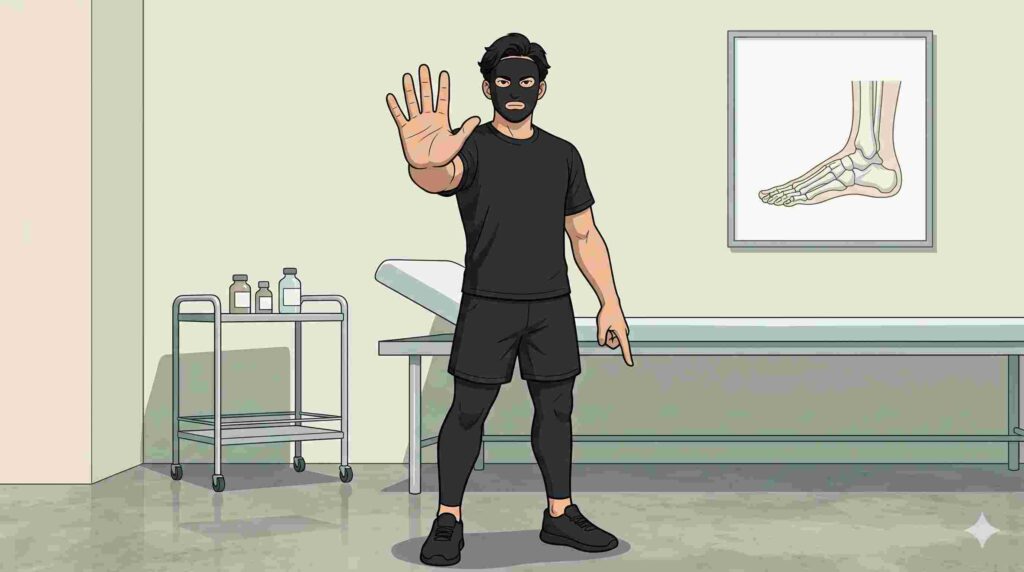 受診すべきサイン（歩けない・激痛）を示すブラック太郎