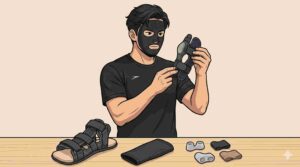 外反母趾のサポーターを調べるブラック太郎