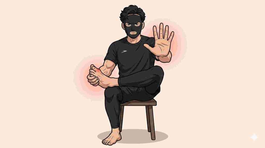 外反母趾を悪化させる間違ったストレッチ・行動を示すブラック太郎