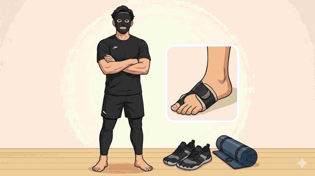 外反母趾サポーターと組み合わせるべきケアを示すブラック太郎