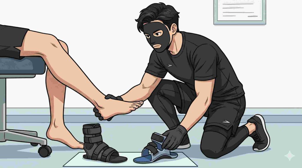 外反母趾サポーターの正しい装着方法を示すブラック太郎