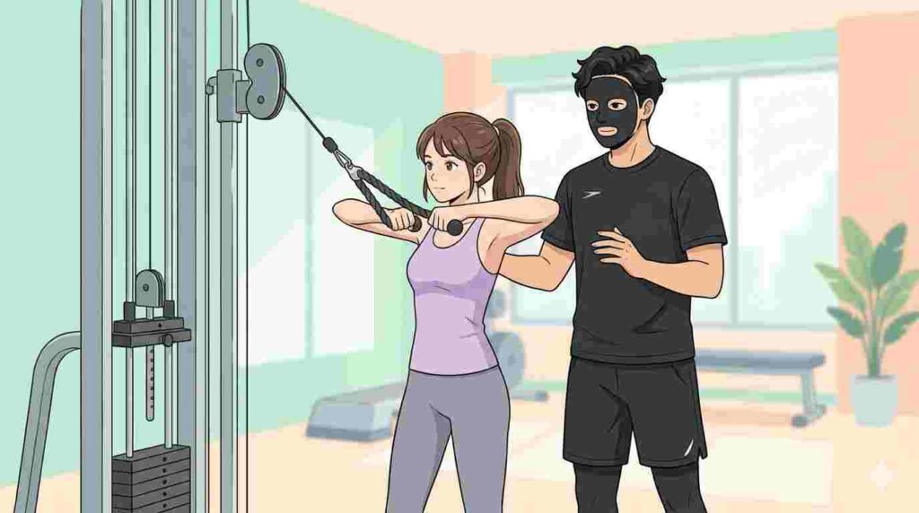 女性クライアントにジムでの肩こり改善筋トレを指導するブラック太郎