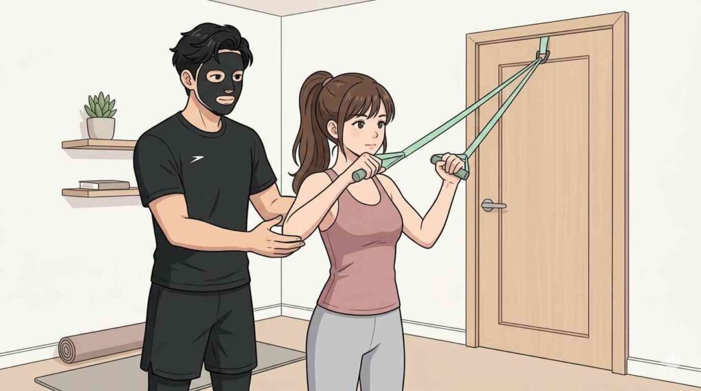 女性クライアントに肩こり改善筋トレを指導するブラック太郎